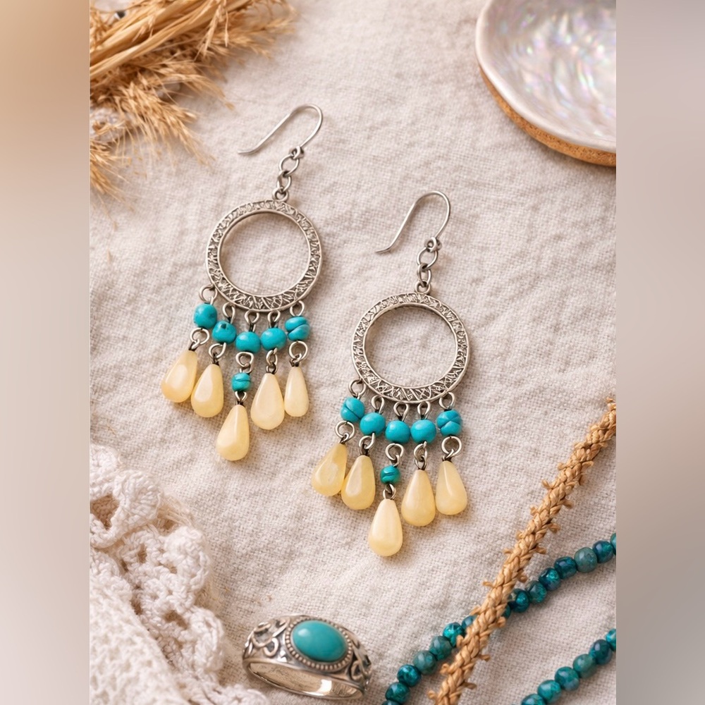 Silpada W1346 925 Sterling Silver Turquoise + Mother of Pearl Earrings HTF